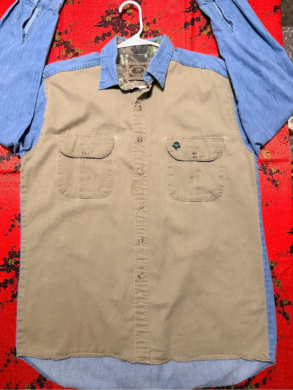 Rare Mossy Oak Companions Two-Tone Khaki&Light Blue Denim Shirt (SmallBurnMark)